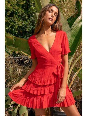 LULUS Call Me Cute Red Swiss Dot Tiered Faux Wrap Mini Dress sz S Women's